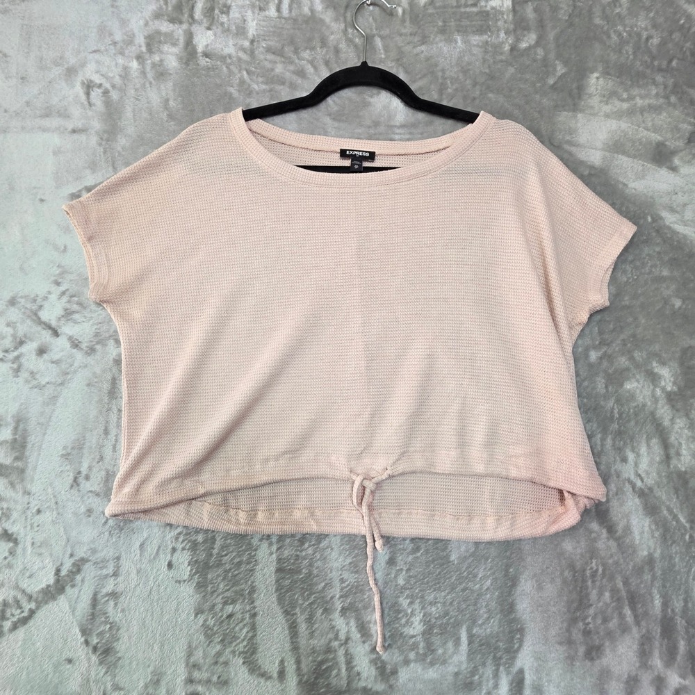 Express Womens XS Blush Pink Waffle Knit Drawstring Front Crop Top Short Sleeve
